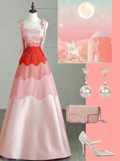 Langes, trägerloses Ballkleid aus rosa Satin – modisches und ästhetisches Kleid für Schulabschlussfeiern und Partys (Modell N681)
