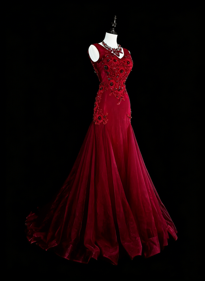 Robes de bal vintage esthétique Années 60 Rétro Col en V Sirène Bourgogne Longue Robe de soirée N2146