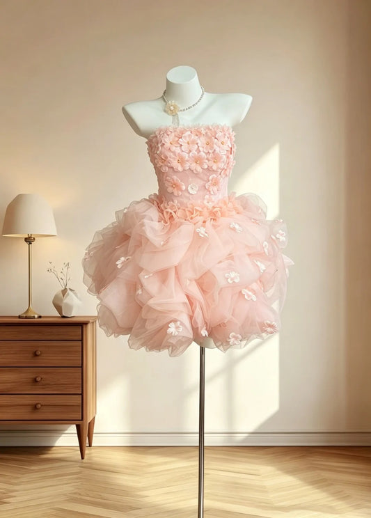 Fairy Ball Gown Strapless With 3D Flowers Sleeveless Blush Pink Mini Senior Inspo Short Homecoming Dresses RB3068