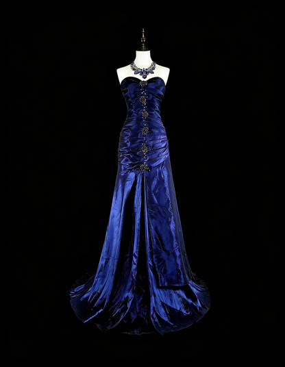 Vintage Meerjungfrauen-Abendkleid aus königsblauem Satin im Stil der 80er Jahre, formelles Geburtstagskleid, langes Ballkleid N1756