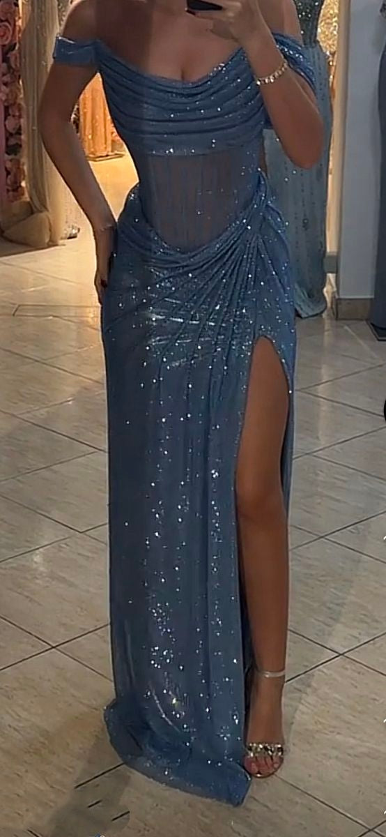 Funkelndes Meerjungfrauen-Abendkleid mit schulterfreiem Ausschnitt, blauen Pailletten und langem Schlitz, festliche Abendkleider, Ballkleider AB1673