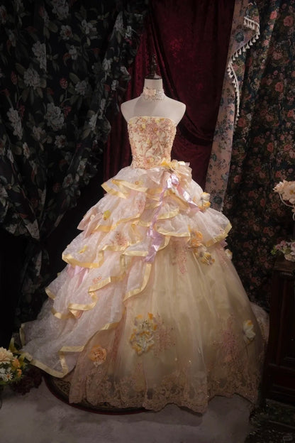Robe De Bal Magnifique Sans Bretelles Jaune Avec Appliqué Robe De Quinceañera Longue Robe De Quinceañera Douce 15 16 Vestido De Princesa RB4477