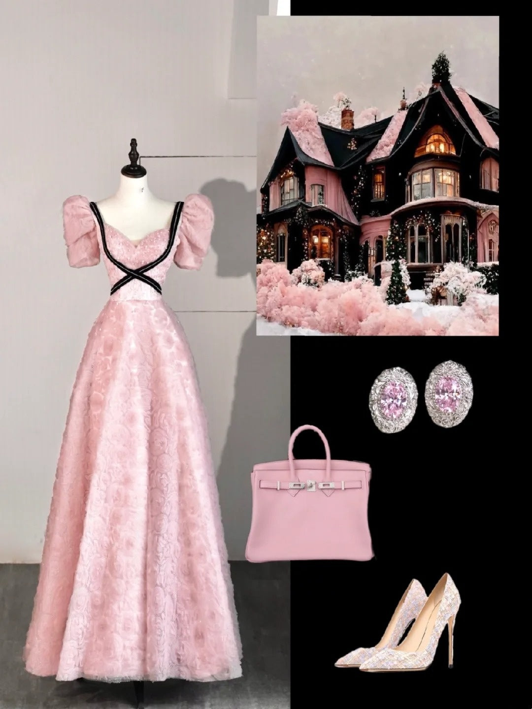 Robe de bal longue en dentelle rose à décolleté cœur, coupe trapèze, idéale pour les élèves de terminale (N1272)