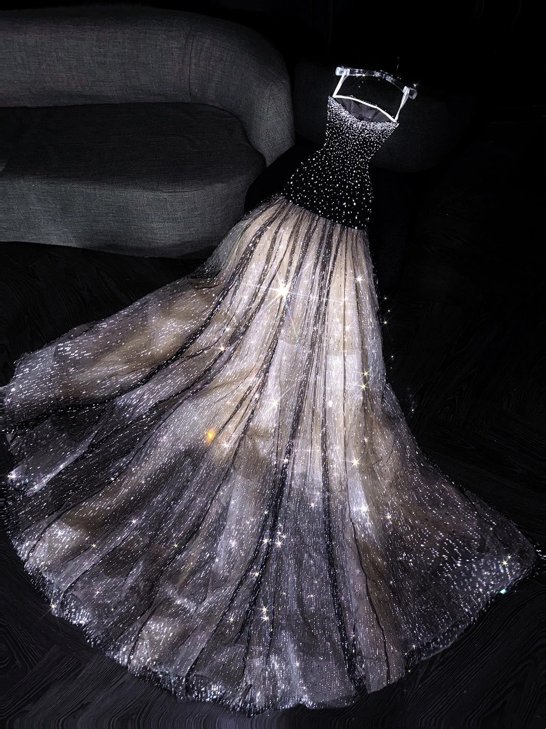 Robe de soirée longue de princesse sirène bustier à sequins noirs, robe de bal de promo N738