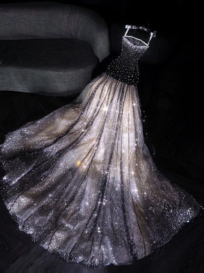 Robe de soirée longue de princesse sirène bustier à sequins noirs, robe de bal de promo N738