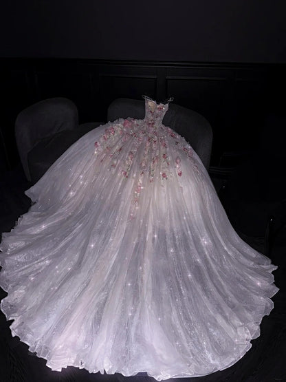 Prinzessinnen-Ballkleid, trägerlos, rosa, geblümter Tüll, langes formelles Abendkleid, formelles Kleid zum 18. Geburtstag, Ballkleid N736