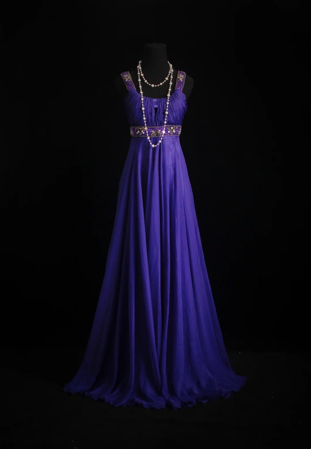 Vintage A-Linie, eckiger Ausschnitt, Lila mit Perlenstickerei, Chiffon, bodenlang, Abschlussballkleider Inspo Abendoutfits RB4342