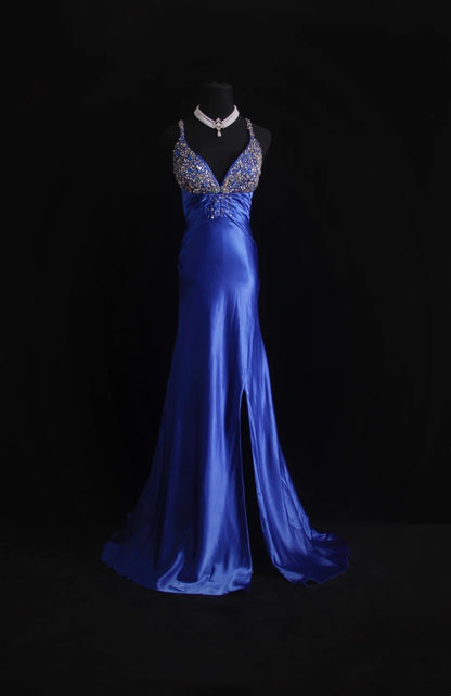Retro-Meerjungfrauenkleid mit Spaghettiträgern, königsblauer Satin, langes Ballkleid im Stil der 2000er Jahre, Inspiration für Outfits zum 18. Geburtstag, formelles Kleid N497