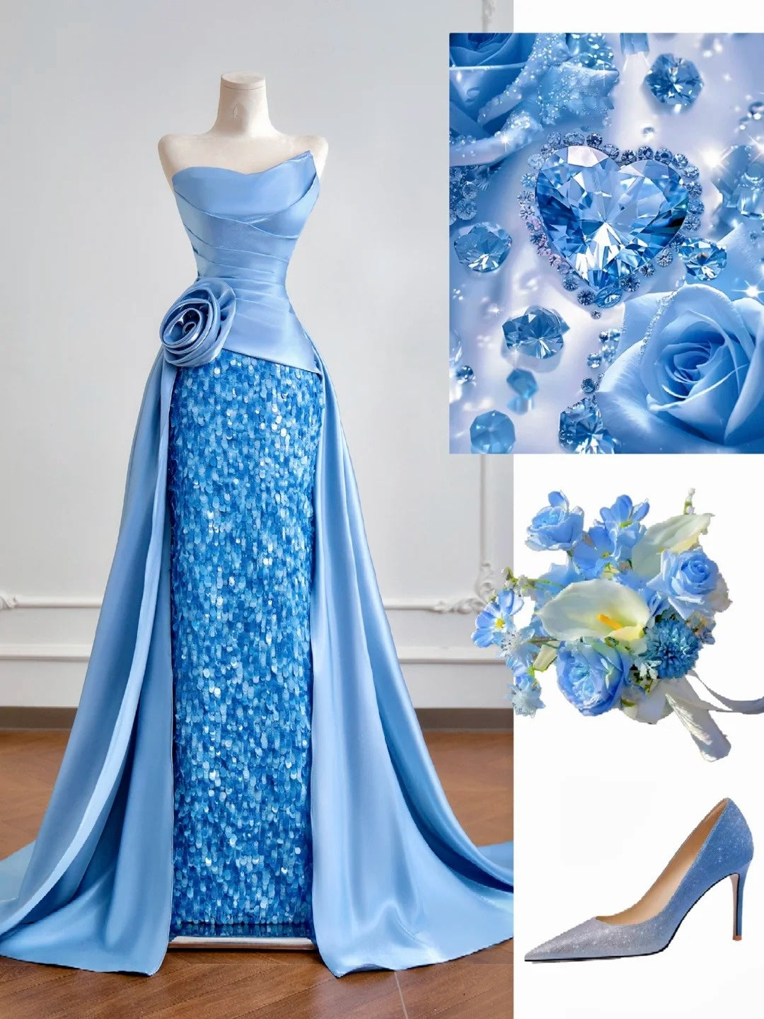 Luxuriöses, trägerloses Meerjungfrauen-Abendkleid aus blauem Satin mit Pailletten, langes formelles Abendkleid für Geburtstagsfeiern N381