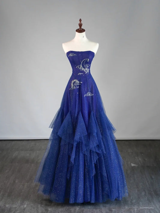 Robes de bal longues en tulle bleu roi sans bretelles modestes en ligne A pour femmes Robes de soirée formelles AB171