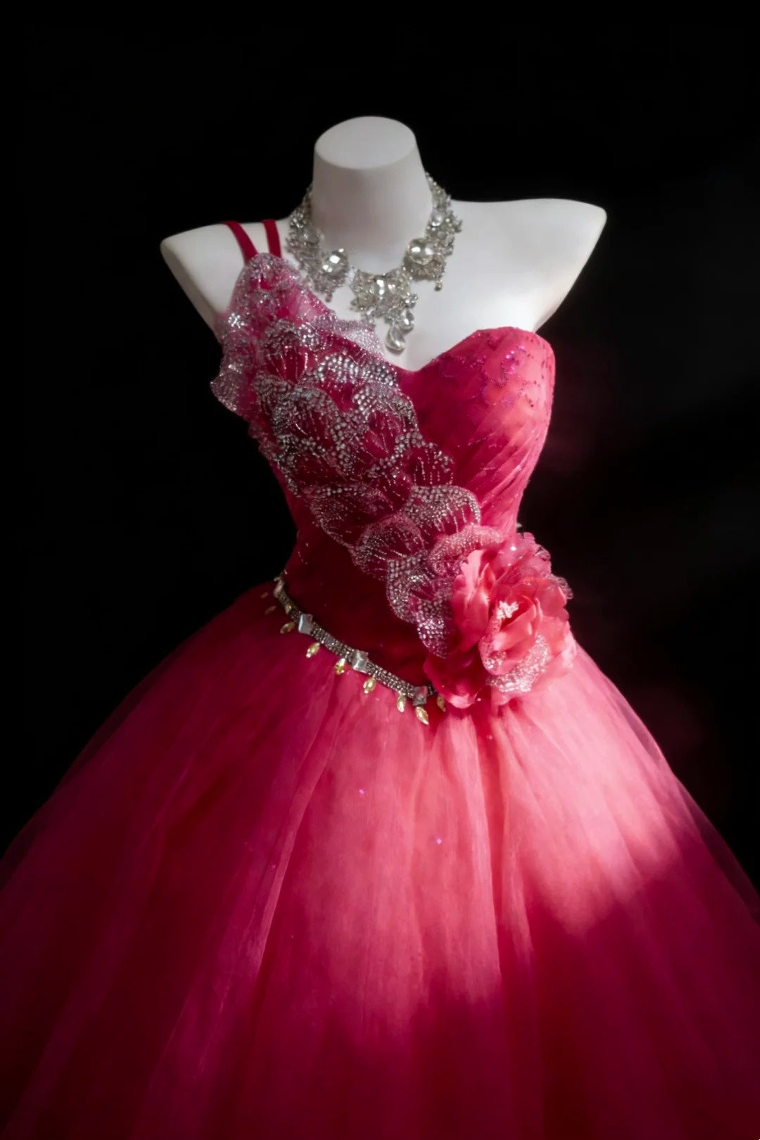 Hübsche Ballkleider Ballkleid One Shoulder Hot Pink Tüll Mit Perlen Langes Abendkleid N2955