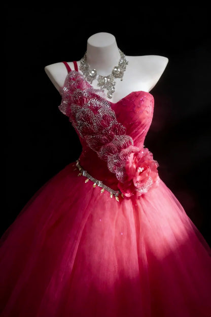 Hübsche Ballkleider Ballkleid One Shoulder Hot Pink Tüll Mit Perlen Langes Abendkleid N2955