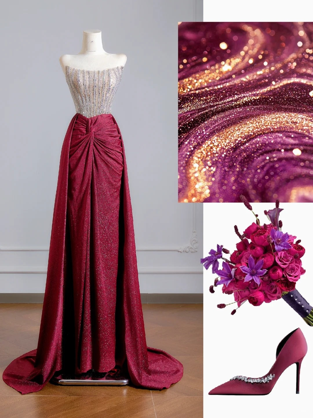 Funkelndes, trägerloses, burgunderrotes Pailletten-Abendkleid – das perfekte Outfit für den 18. Geburtstag (Partykleid N343)