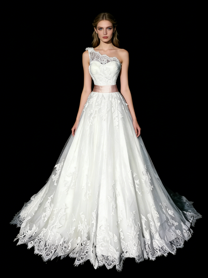 Vintage 80er Jahre Brautkleid Ballkleid One Shoulder Tüll Weiße Spitze Langes Brautkleid Figurbetontes Brautkleid N1209