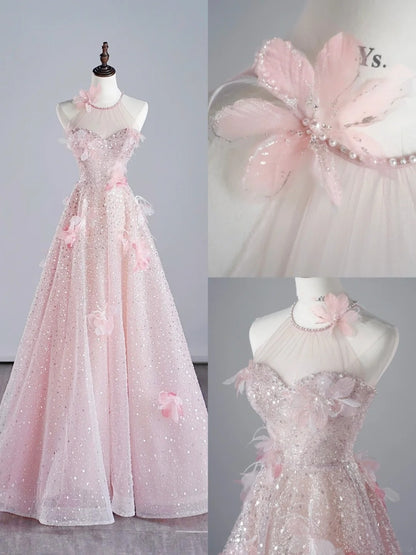 Elegantes, rosa Paillettenkleid in A-Linie mit Rundhalsausschnitt – Inspiration für festliche Anlässe und Prinzessinnen-Abendkleider N758