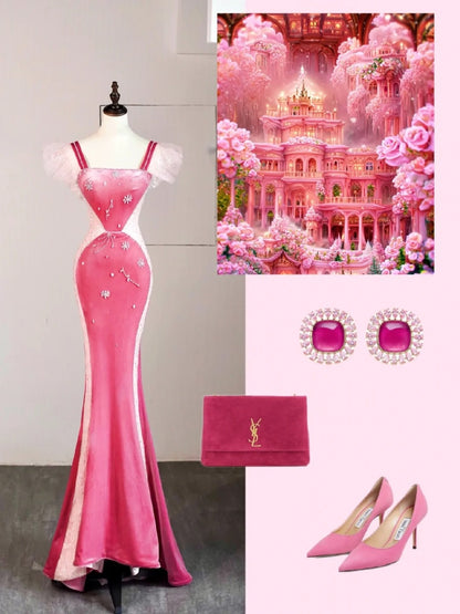 Robe de bal de fin d'année élégante, coupe sirène carrée, en velours rose sans manches, robe longue de cérémonie pour lycéenne N1277