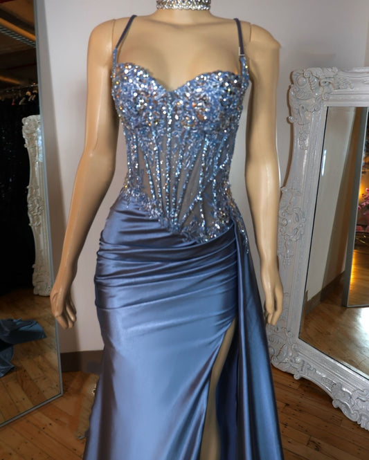 Blue Mermaid Spaghetti Straps Dusty Blue Satin Long Appliques Prom Dress With Slit AB1681