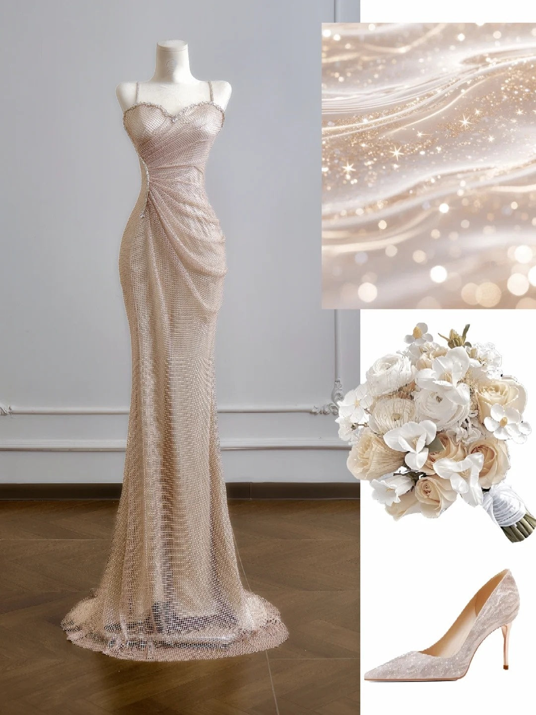 Robe de bal longue sirène à fines bretelles et sequins champagne, style modeste, idéale pour un 18e anniversaire ou une soirée élégante (N385)