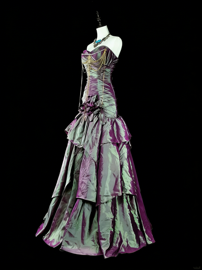 Vintage Meerjungfrauen-Abendkleid aus lila Taft im 70er-Jahre-Stil mit Rüschen und herzförmigem Ausschnitt, langes Ballkleid, Partykleid N1846