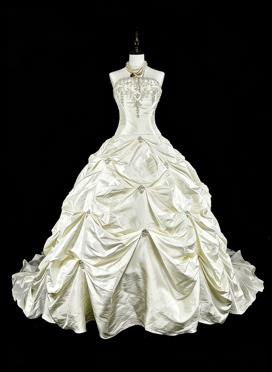 Vintage Wedding Dresses Ball Gown Strapless White Taffeta With Beading Long Bridal Gown N3075