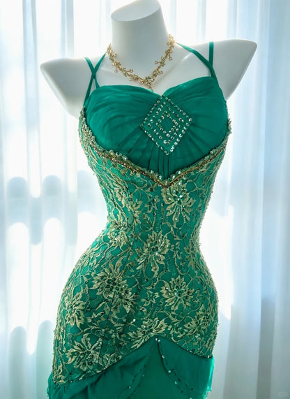 Elegantes Meerjungfrau-Spaghettiträgerkleid Grün mit Pailletten, elegantes Outfit zum 18. Geburtstag, formelle Ballkleider N4186