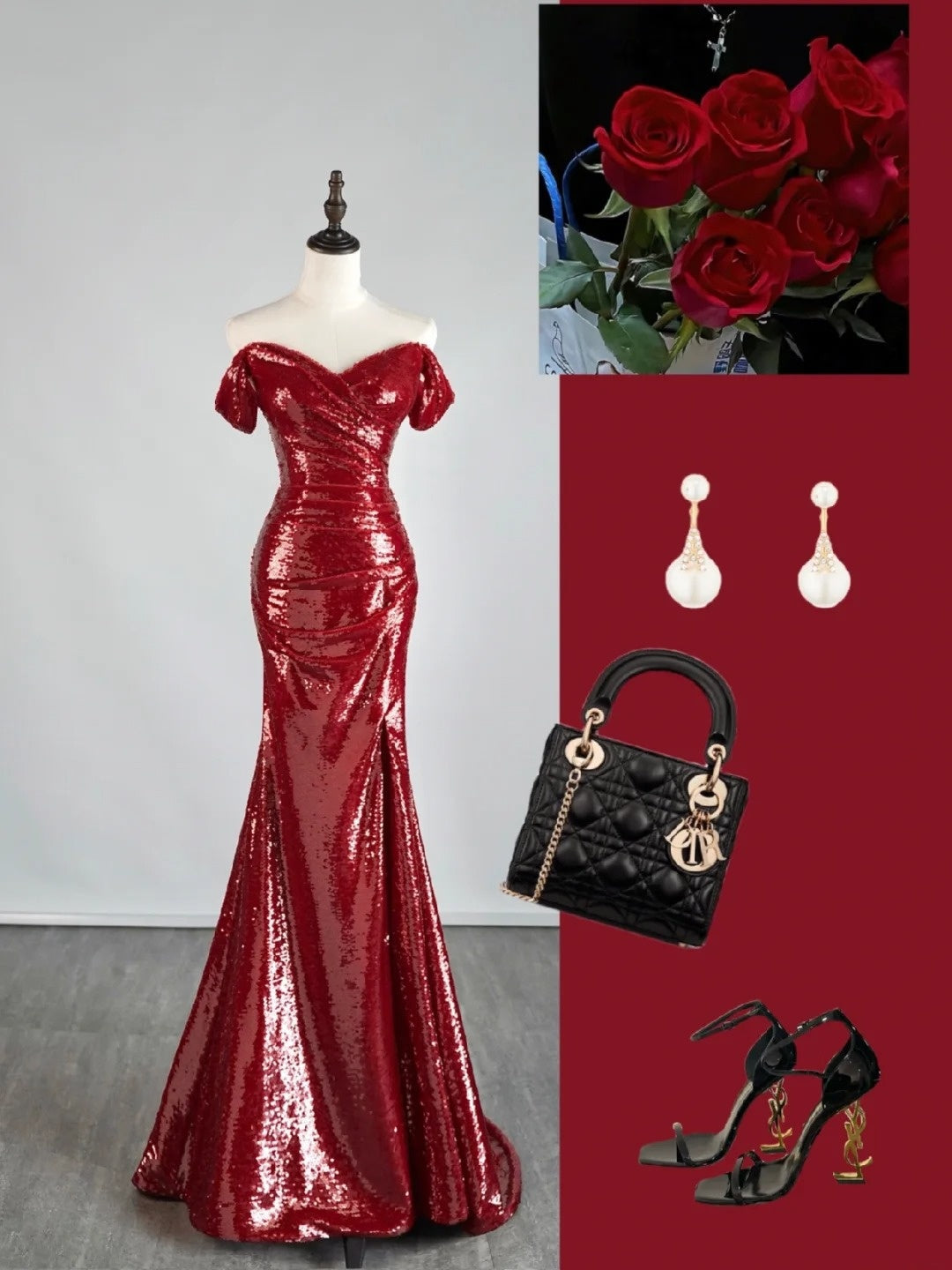 Gorgeous Burgundy Off The shoulder Mermaid Sequin With Short Sleeves Formal Evening Dress Gowns Prom Dresses N691