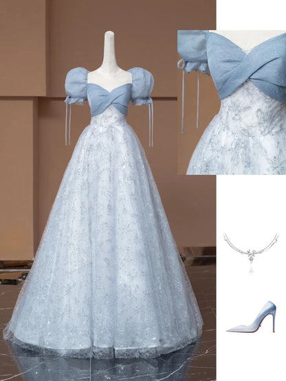 Robe de bal féérique à décolleté cœur et manches bouffantes, en tulle bleu, longue robe de soirée formelle, robe d'anniversaire formelle, robe de bal N730