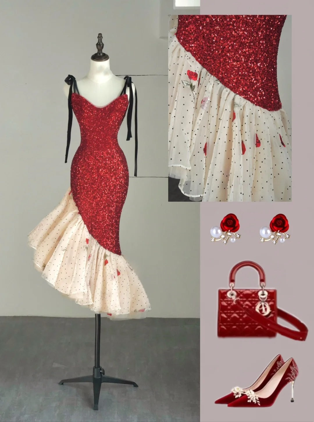 Robe de bal courte sirène à fines bretelles et sequins rouges, idéale pour les jeunes filles de 16 ans (N1177)
