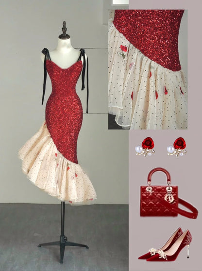 Robe de bal courte sirène à fines bretelles et sequins rouges, idéale pour les jeunes filles de 16 ans (N1177)