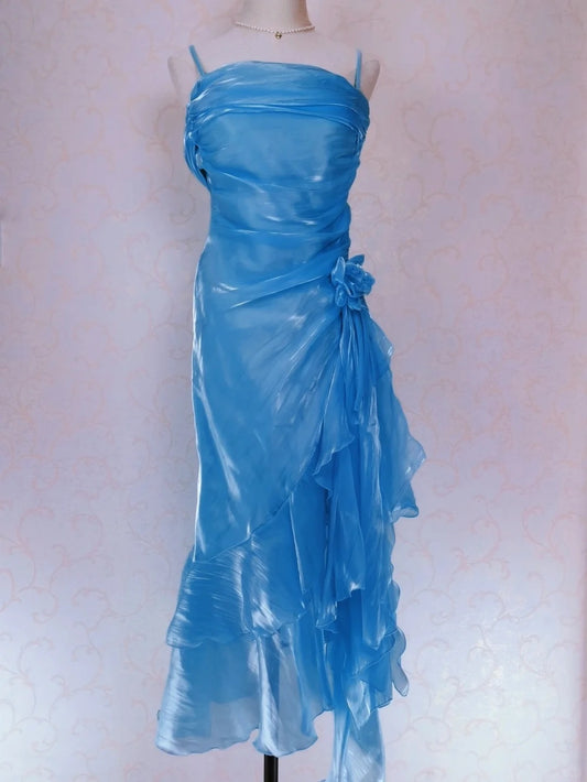 Vintage Prom Dresses 70s Mermaid Spaghetti Straps Blue Irregular Hem Tea Length Formal Outfits RB4314