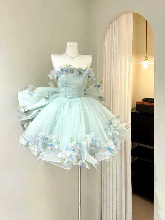 Modest Ball Gown Strapless Light Green Tulle With Flowers Short Mini Senior Inspo 16th Birthday Outfits Homecoming Dresses RB3966