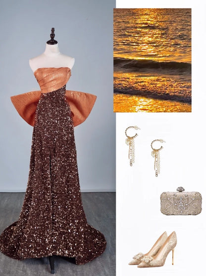 Robe de bal longue à sequins marron, coupe trapèze, sans bretelles, idéale pour les élèves de terminale (N1279)