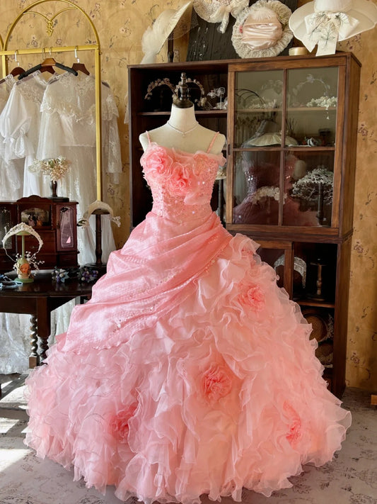 Vintage Ball Gown Spaghetti Straps Pink With Layers Tiered Sweet 16 Dresses Quinceanera Dress Long 15 Vestidos De Fiesta N2263