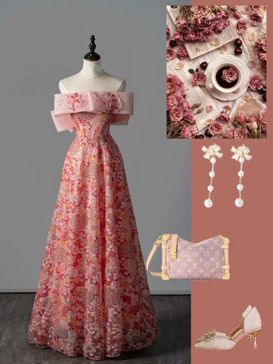 Modest A line Off The Shoulder Pink Sequin College Formal Outfit Long Prom Graduation Dresses For Teens N1170