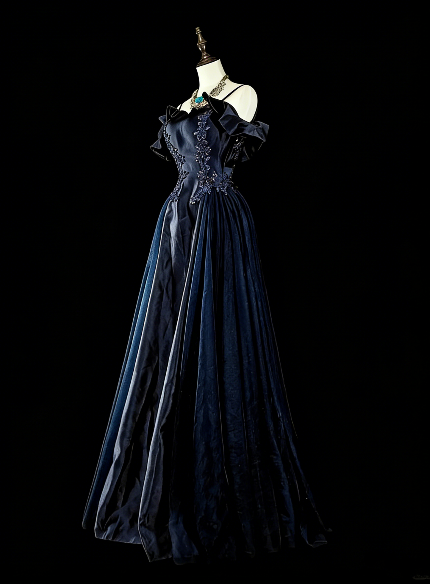 Robe de soirée vintage années 80, coupe trapèze, bretelles spaghetti, tulle bleu marine, robe de bal longue N1754