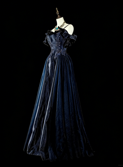 Robe de soirée vintage années 80, coupe trapèze, bretelles spaghetti, tulle bleu marine, robe de bal longue N1754