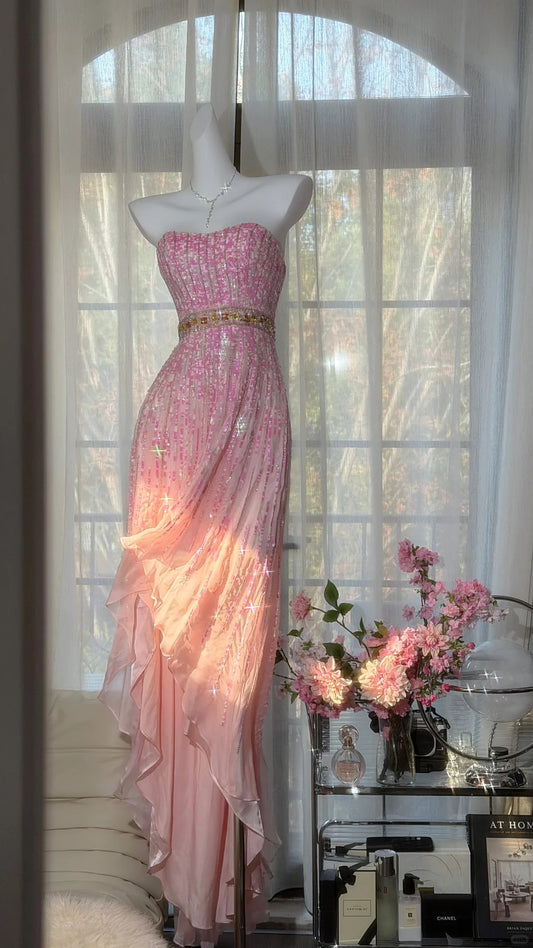 Sparkly Prom Dresses Mermaid Strapless Pink Chiffon High Low With Beaded Evening Outfits N3534