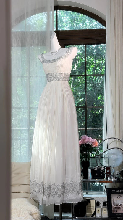 Flamboyant A Line Square Neck Chiffon White With Beaded Bodice Long Date Night Evening Outfit Formal Prom Dresses RB5278