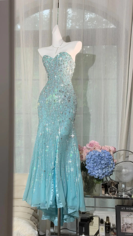 Sparkly Mermaid Sweetheart Blue Sequin With Beads Long Prom Dresses Formal Outfits RB3887