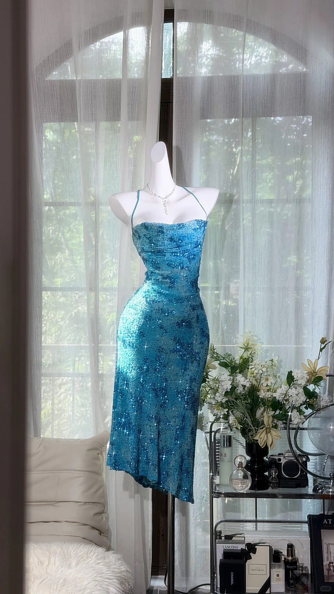 Classic Mermaid Halter Blue Sequin With Beads Midi Tea Length Prom Dresses Inspo Formal Outfits RB4509