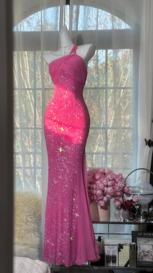 Modest Prom Dresses Mermaid One Shoulder Pink Chiffon Long Evening Outfits N3556