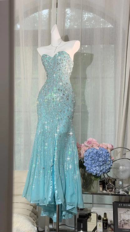 Klassische Meerjungfrau Sweetheart Blau Chiffon Mit Silberperlen Bodenlang Abschlussballkleider Inspo Formelle Outfits RB4508