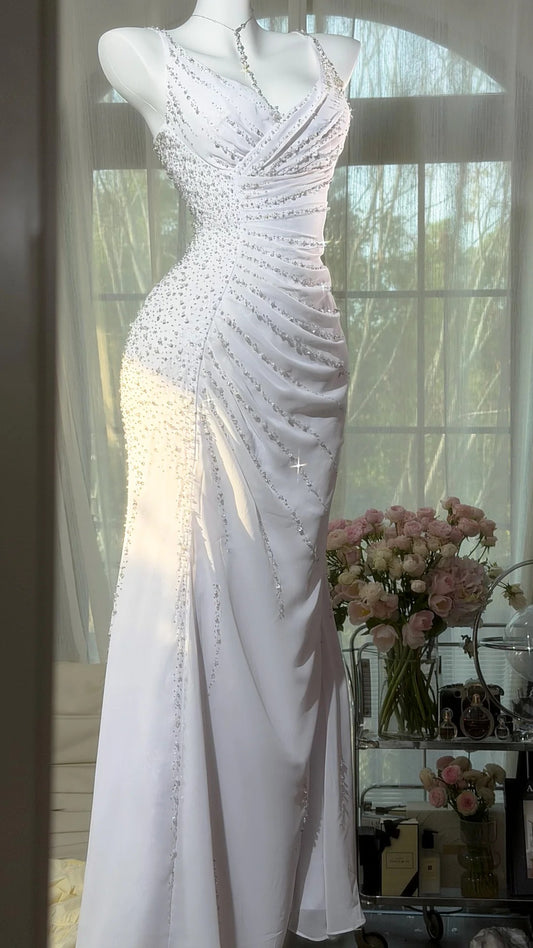 Modest Prom Dresses Mermaid Spaghetti Strap White Chiffon With Beading Floor Length Evening Outfits N3529