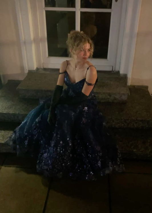 Robe de bal vintage années 90, coupe trapèze, bretelles spaghetti, bleu marine, pour adolescentes, tenue de soirée, robe de bal AB1052