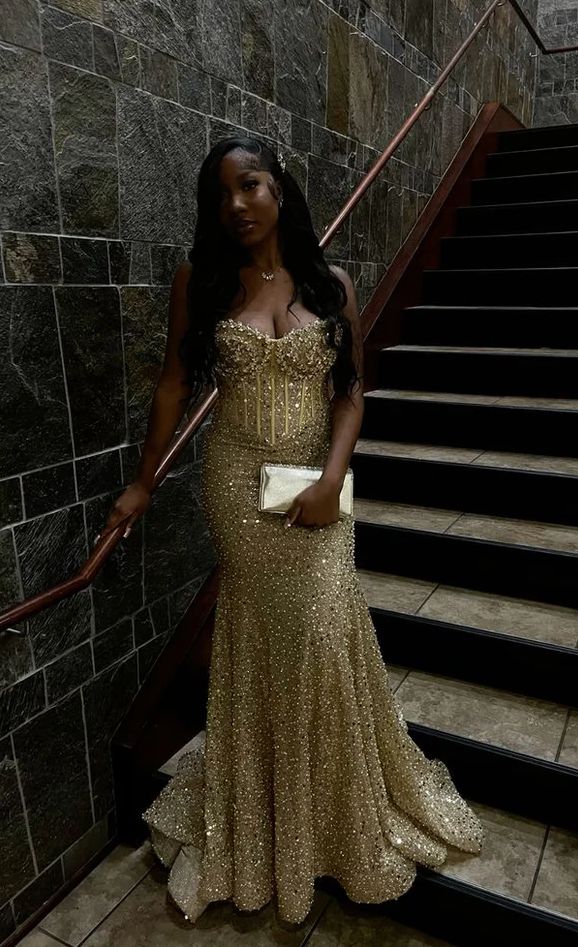 Robe de bal longue sirène à sequins dorés, dos lacé, pour femmes noires grandes tailles N828