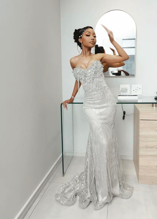 Sparkly Mermaid Sweetheart Silver Gray Sequin With Beaded Long Prom Dresses For Black Girls Formal Dress Party Birthday Outfits N410