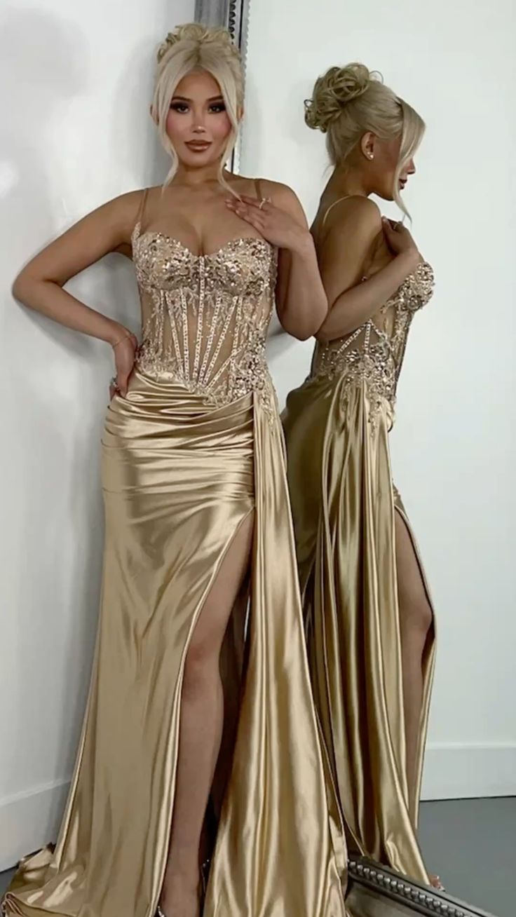 Robe de bal sirène dorée, fente latérale, bretelles spaghetti, robe sexy spéciale, applications de dentelle, robes de soirée perlées AB356