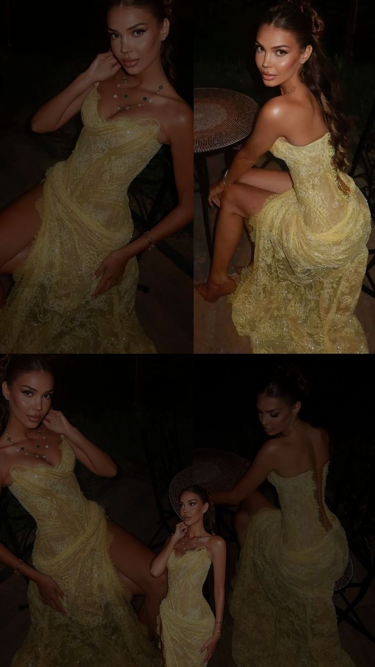 Robe de bal longue sirène unique, décolleté cœur, dentelle jaune, fente, robe de soirée, tenue pour un 21e anniversaire, robe de remise de diplôme N900