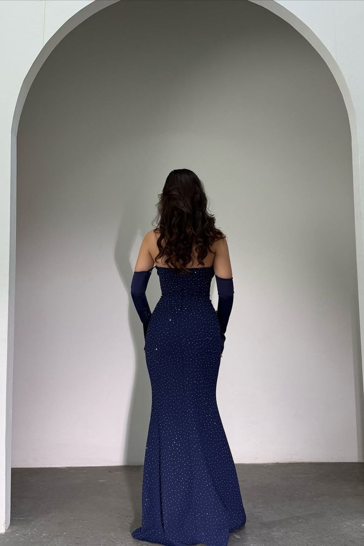 Robe de bal sirène bustier bleu marine foncé élégante, manches amovibles ornées de perles et fermeture éclair, robe de soirée AB1925