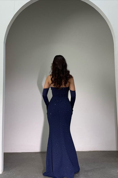 Robe de bal sirène bustier bleu marine foncé élégante, manches amovibles ornées de perles et fermeture éclair, robe de soirée AB1925
